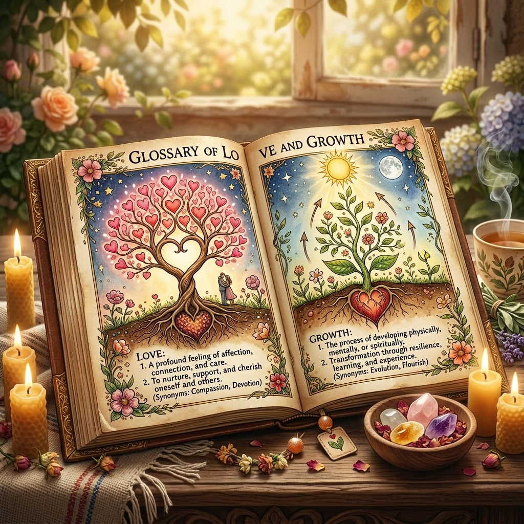 Open book showing illustrated definitions of love and growth with heart-shaped trees