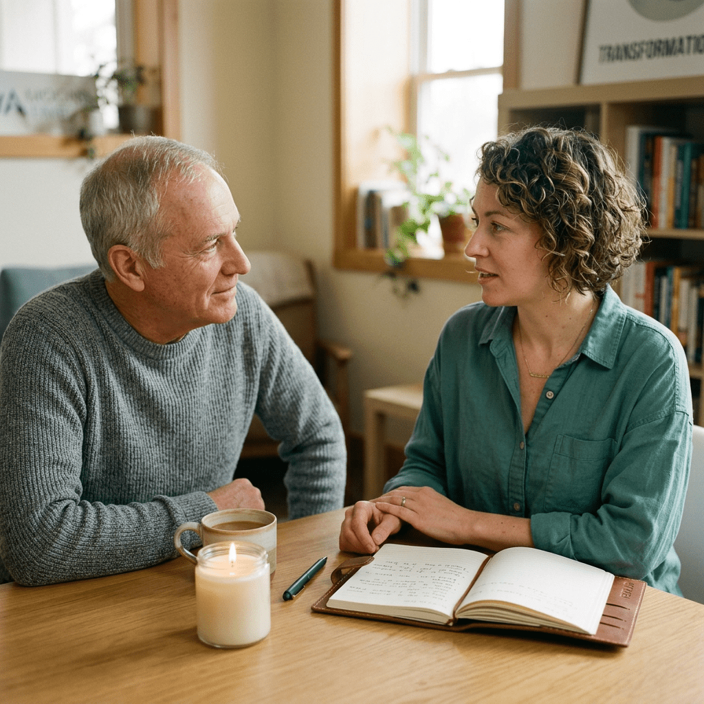 Older man and woman talking at a table with candle, coffee, and open notebook