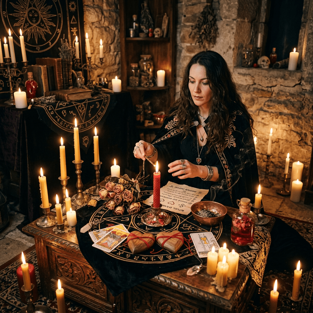 Woman conducting tarot reading with candles, tarot cards, and ritual items on a table