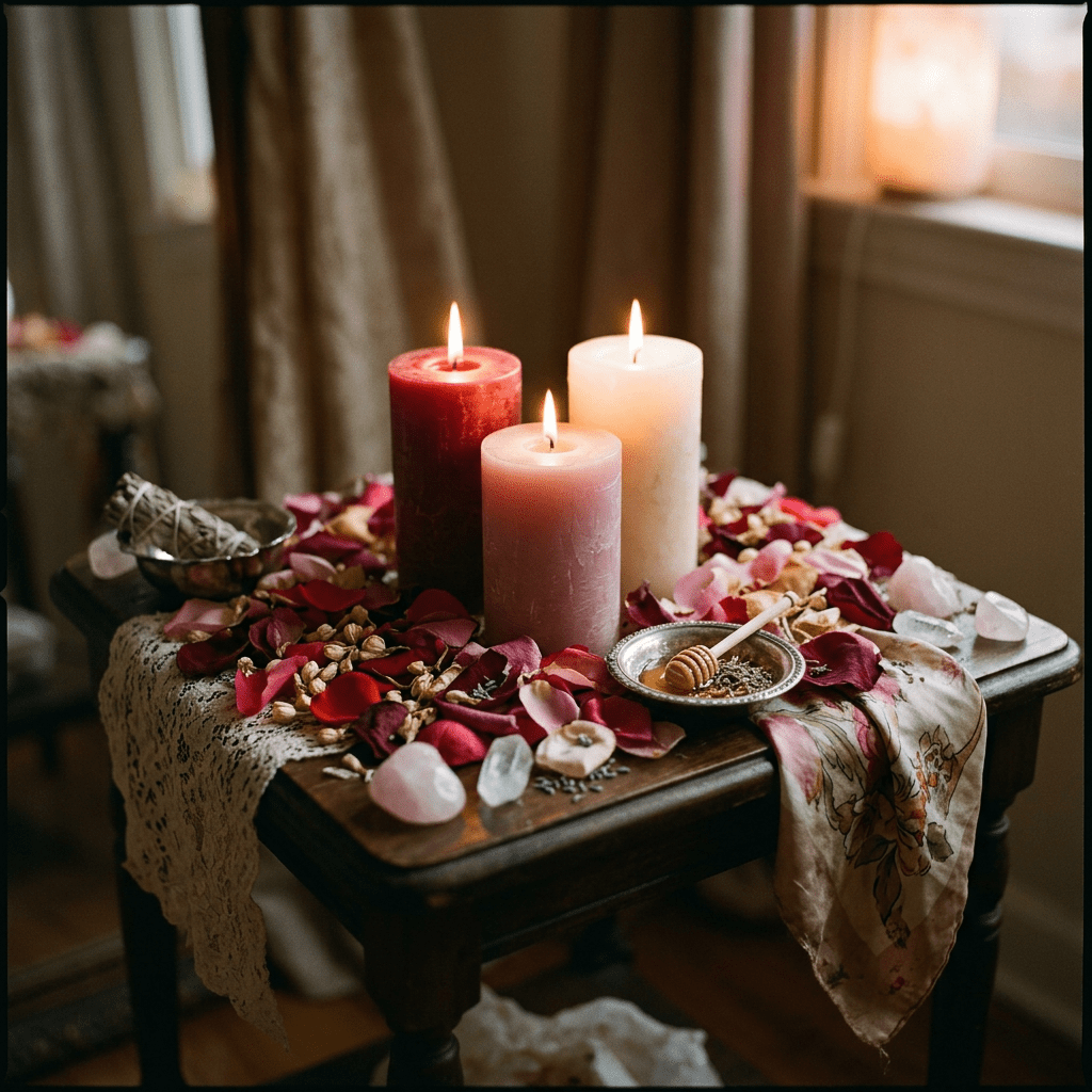 Three lit candles surrounded by rose petals, crystals, and a honey dipper on a wooden table
