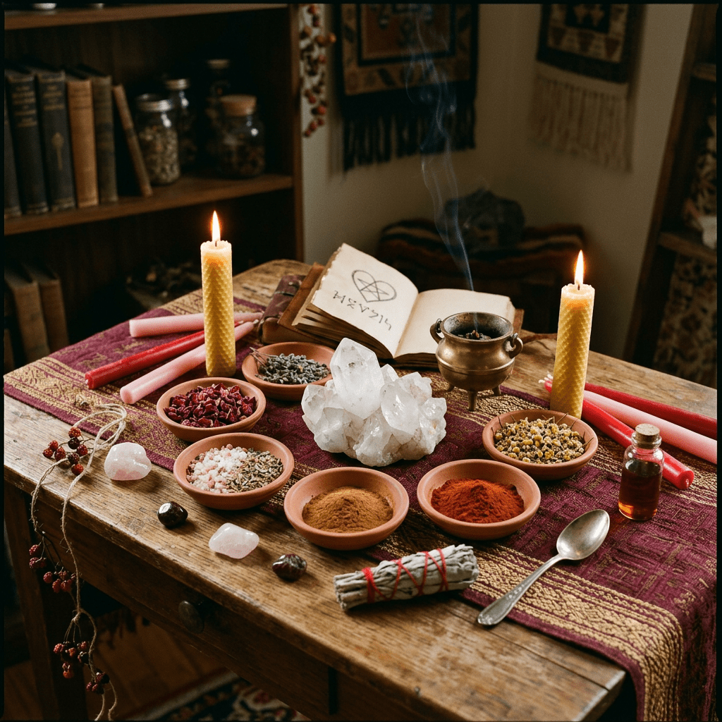 Altar with herb bowls, crystals, lit candles, incense burner, and an open book with a pentagram symbol