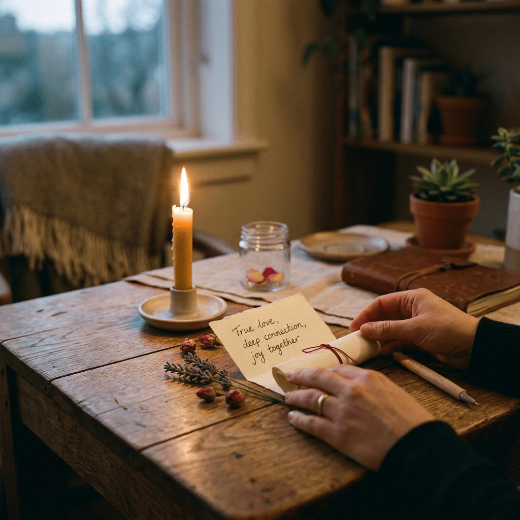 Hands holding a handwritten note with text 'True love, deep connection, joy together' by a lit candle and dried flowers on a wooden table