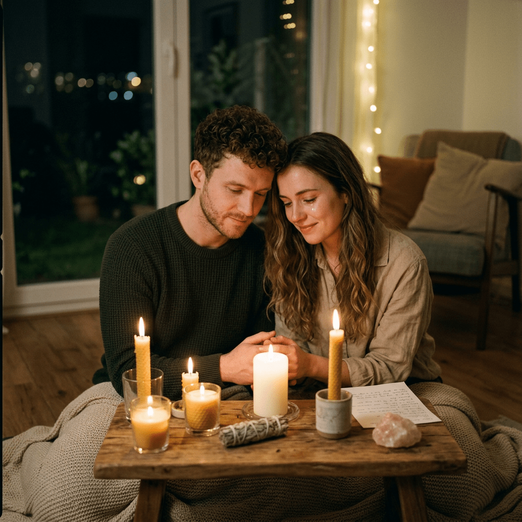 A couple holding hands surrounded by lit candles on a wooden table indoors