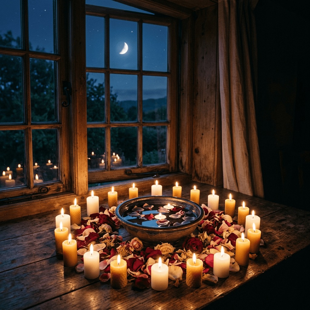 Candles and rose petals arranged around a bowl with floating candles on a wooden table near a window at night