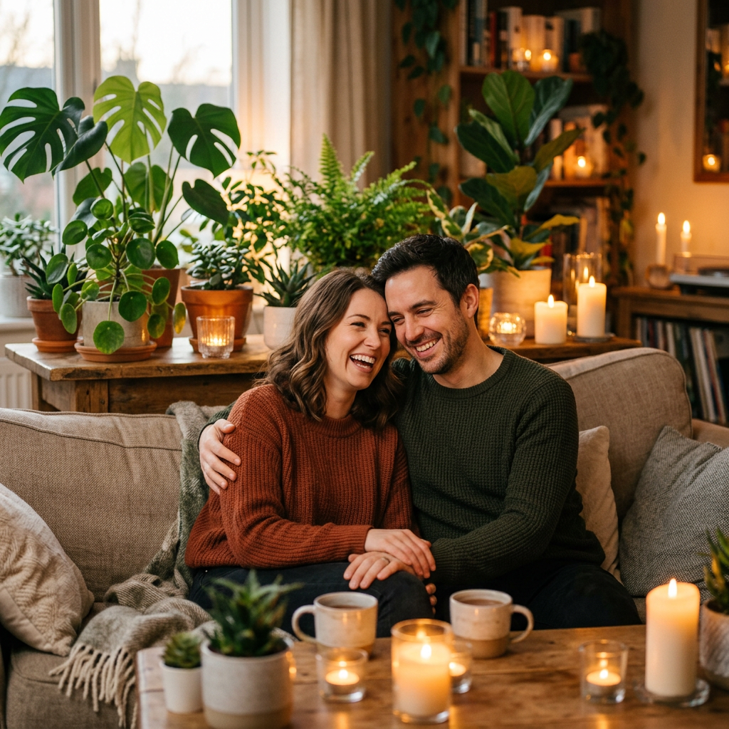 Couple smiling, warm light, plants and candles