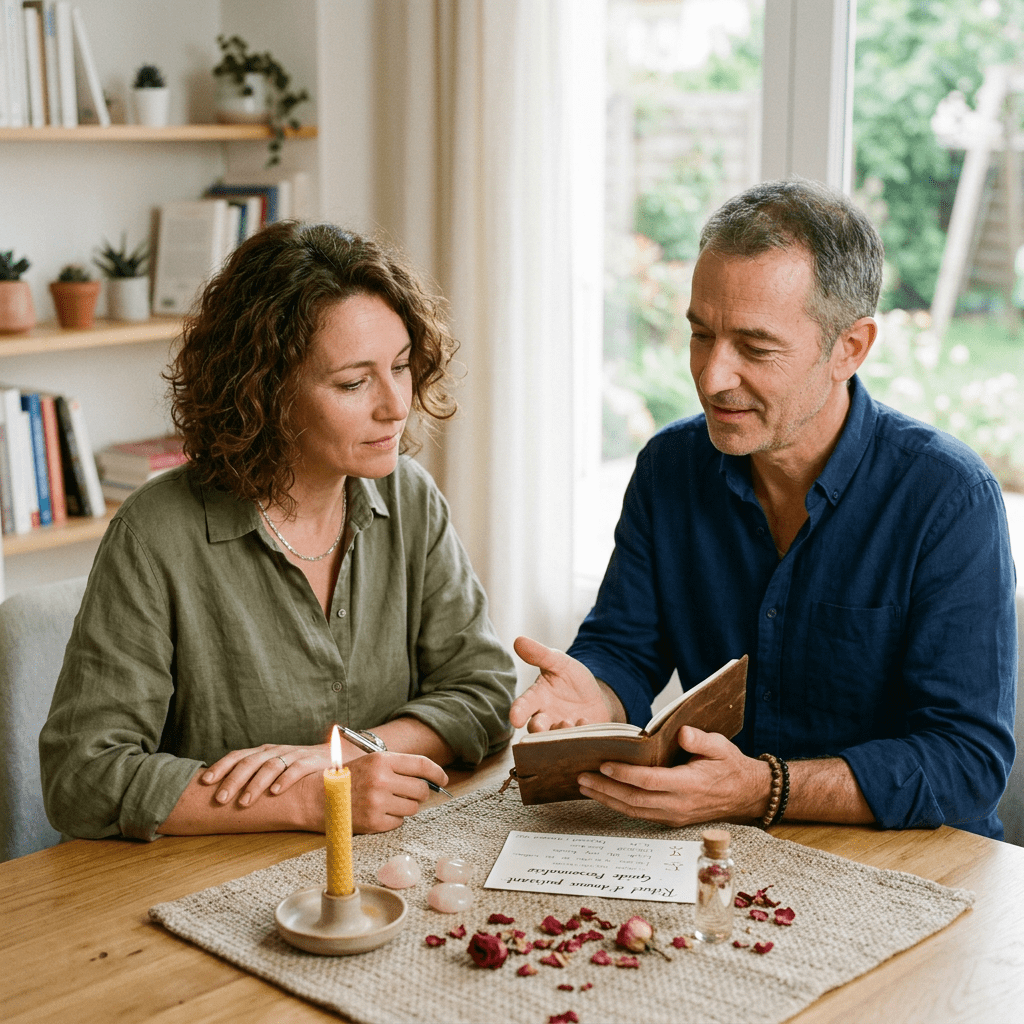 Man showing a book to a woman with candle and crystals on table