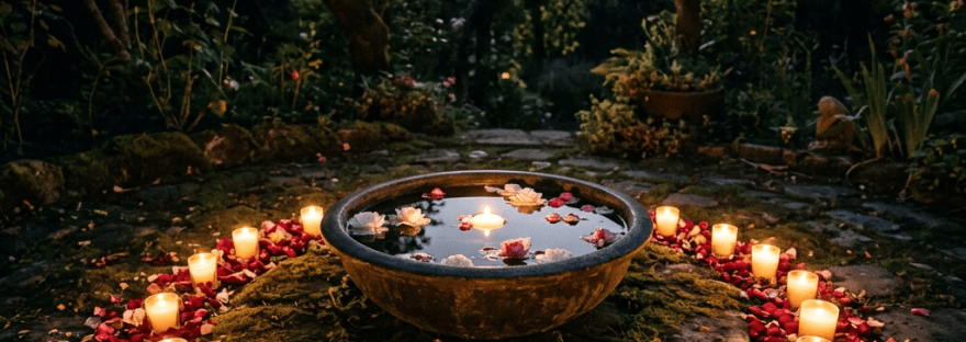 Night candles circle, petals, water bowl, moonlight