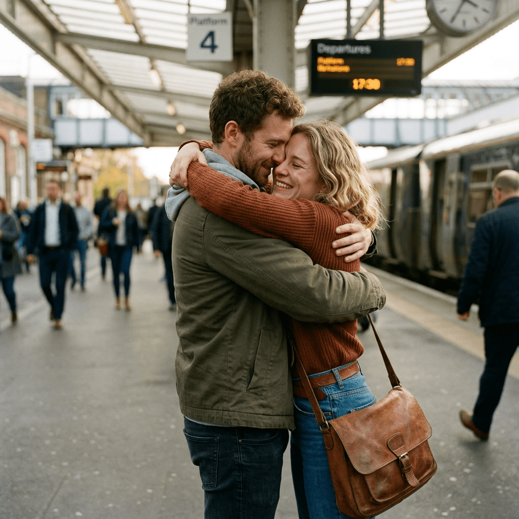 Couple hugging happily at train platform with train in background