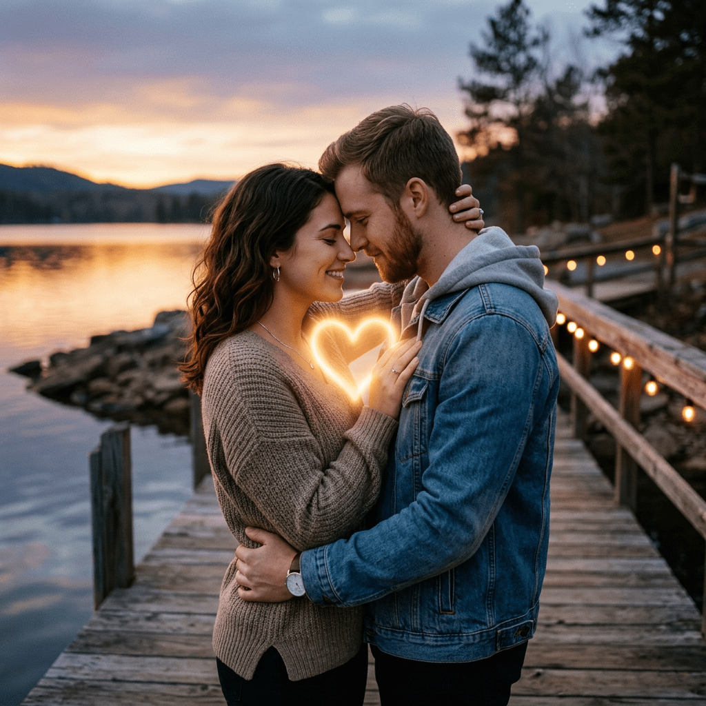 Couple embracing on a wooden dock by a lake at sunset with glowing heart symbol