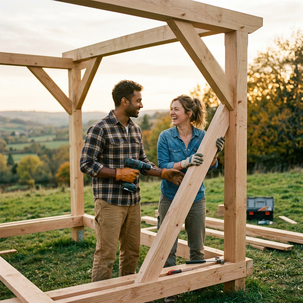 Two people working together to build a wooden frame outdoors