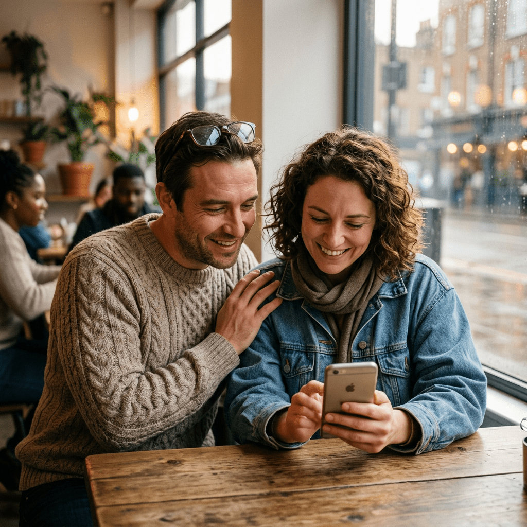 Smiling man and woman looking at smartphone together in cafe near window