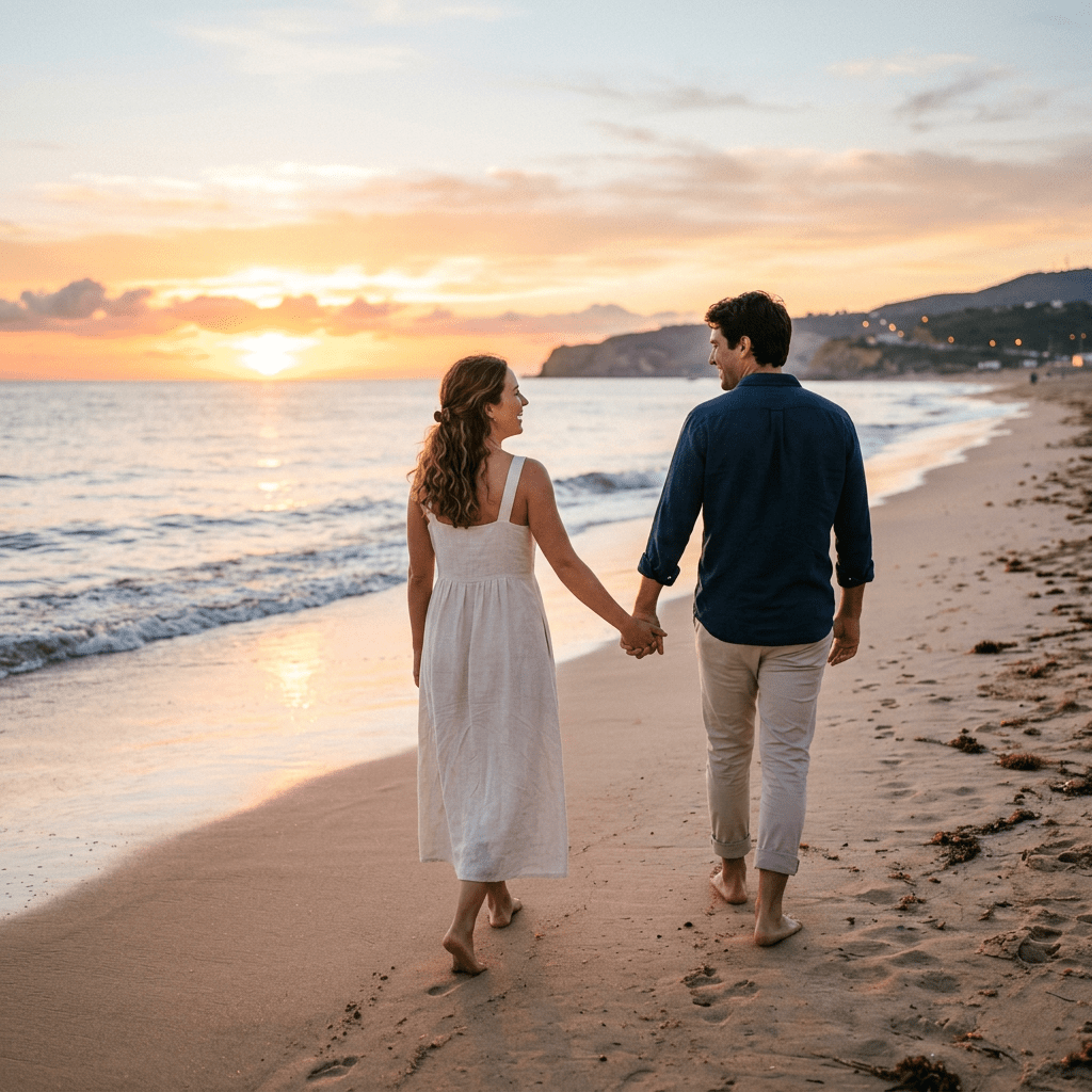 Couple holding hands walking barefoot on sandy beach during sunset