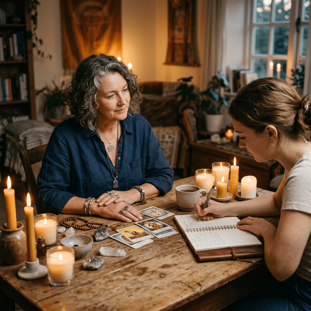Two women engaged in a tarot card reading with lit candles and crystals on the table