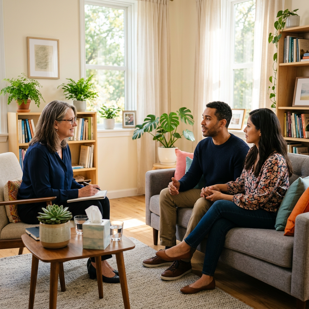 Therapist listening to couple in counseling session in bright office