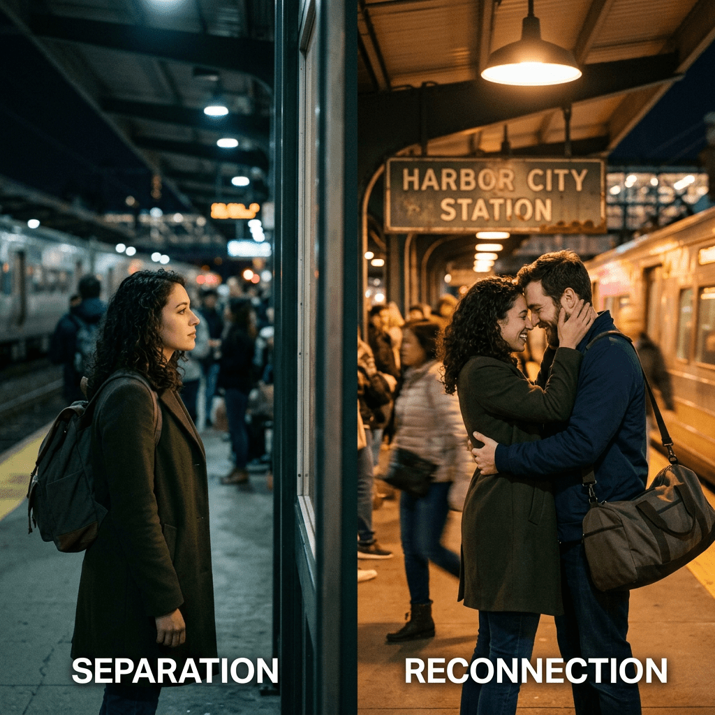 Woman standing alone at a train station and later embracing a man warmly at the same station