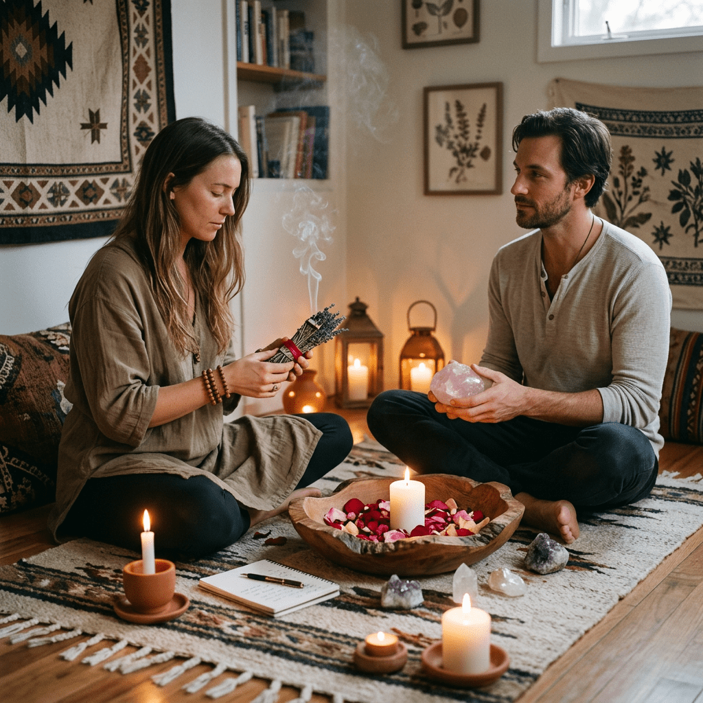 A man and woman sitting cross-legged on a rug surrounded by lit candles and crystals, engaging in a spiritual ritual indoors.