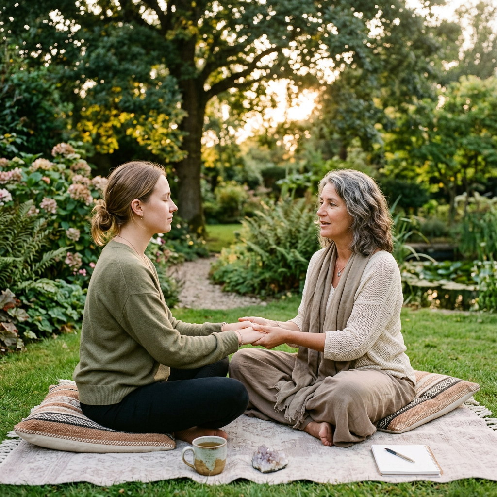 Two women sitting on cushions outdoors, holding hands and engaging in a calm conversation in a garden.
