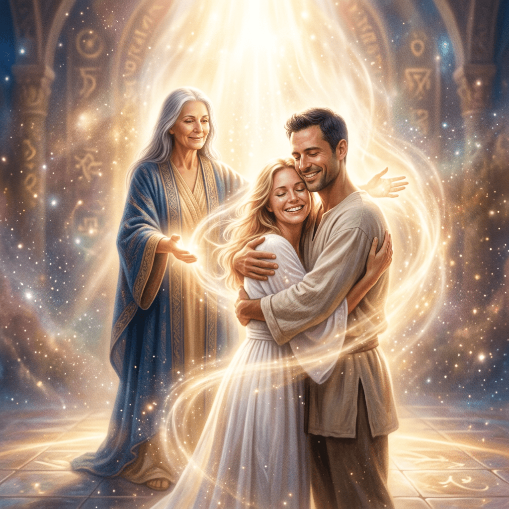 Elderly woman blessing a joyful couple embracing warmly under glowing light