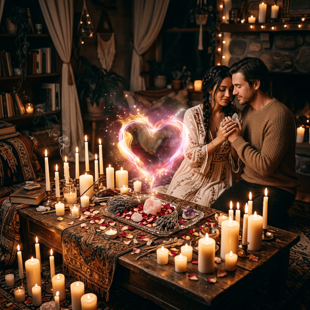 Couple holding crystals surrounded by lit candles and floating glowing heart shape.