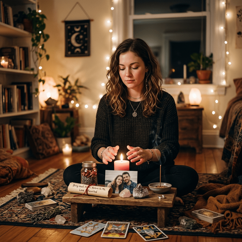 Woman sitting cross-legged on a rug performing a ritual with candle, crystals, tarot cards, and a photo