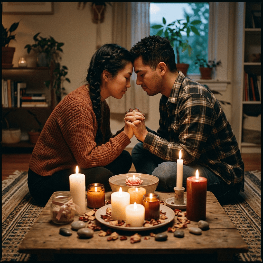 Couple performing love strengthening ritual with candles
