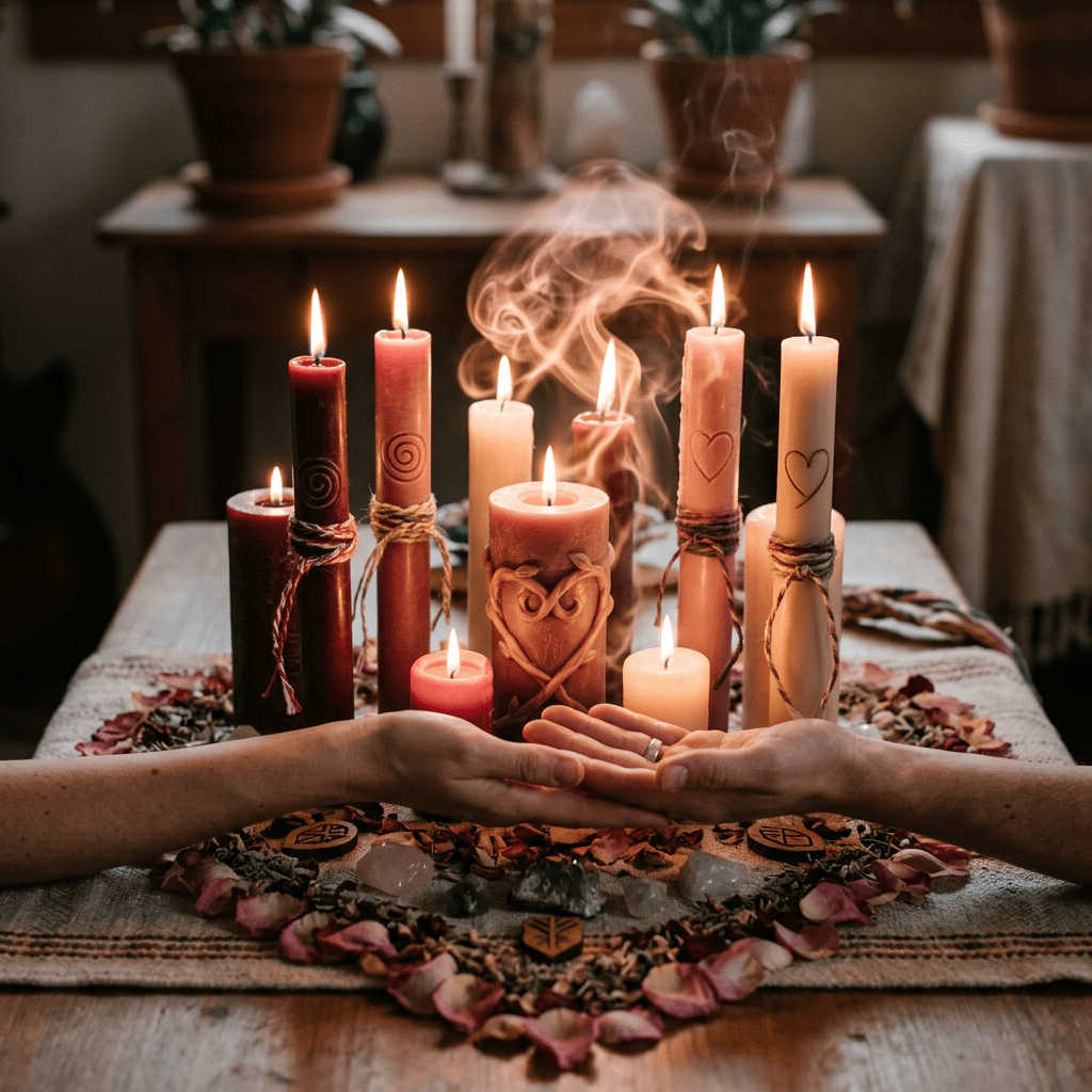 Hands holding each other surrounded by lit candles, crystals, and rose petals on a table