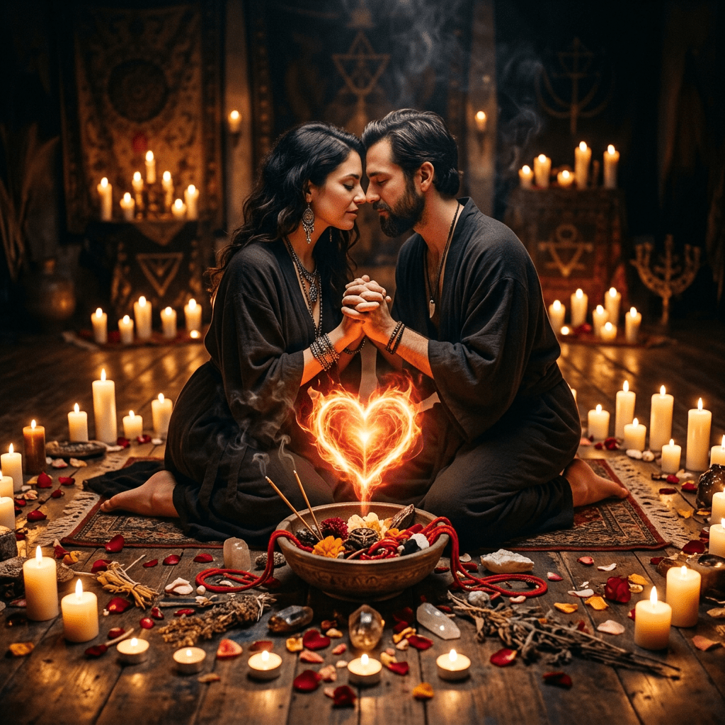 Powerful love ritual with candles and glowing heart