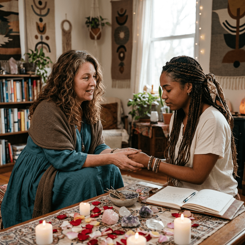 Two women sitting at a table with crystals, candles, and open journal holding hands