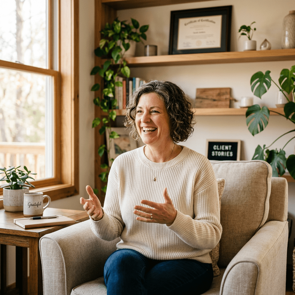 Woman sitting in comfy chair in home office with plants, smiling and gesturing