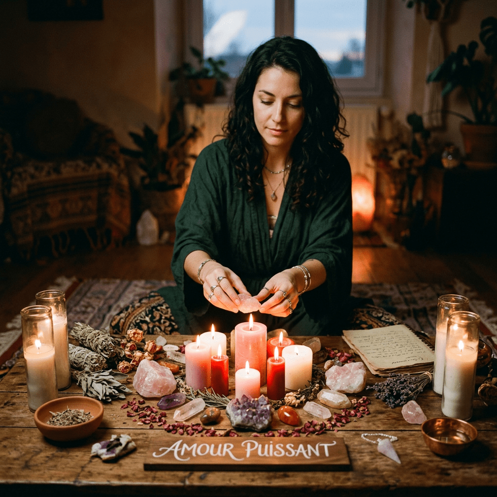 Woman arranging crystals around lit candles during a spiritual ritual