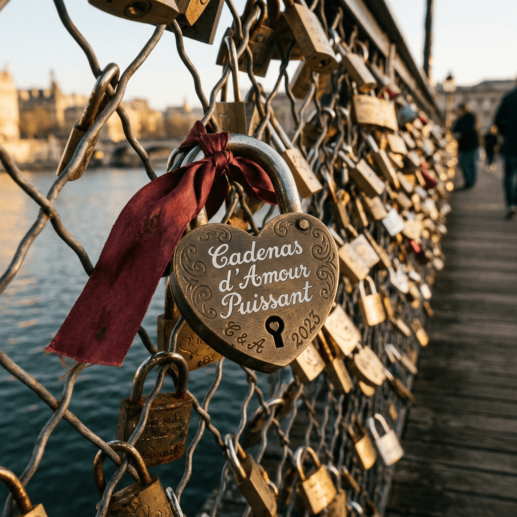 Heart-shaped padlock with 'Cadenas d'Amour Puissant 2023' inscribed, tied with red ribbon on wire fence by water