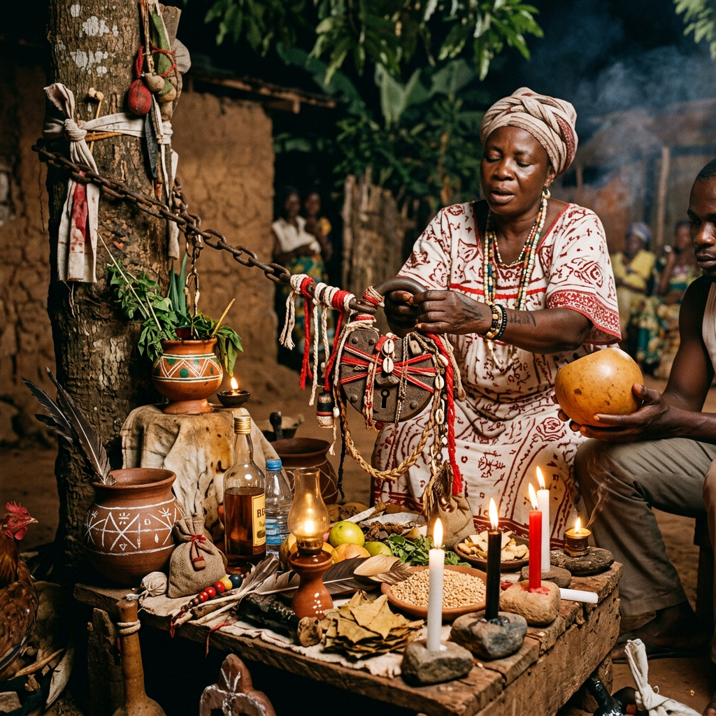 Woman conducting an African spiritual ritual with candles, herbs, and ritual objects on a wooden table