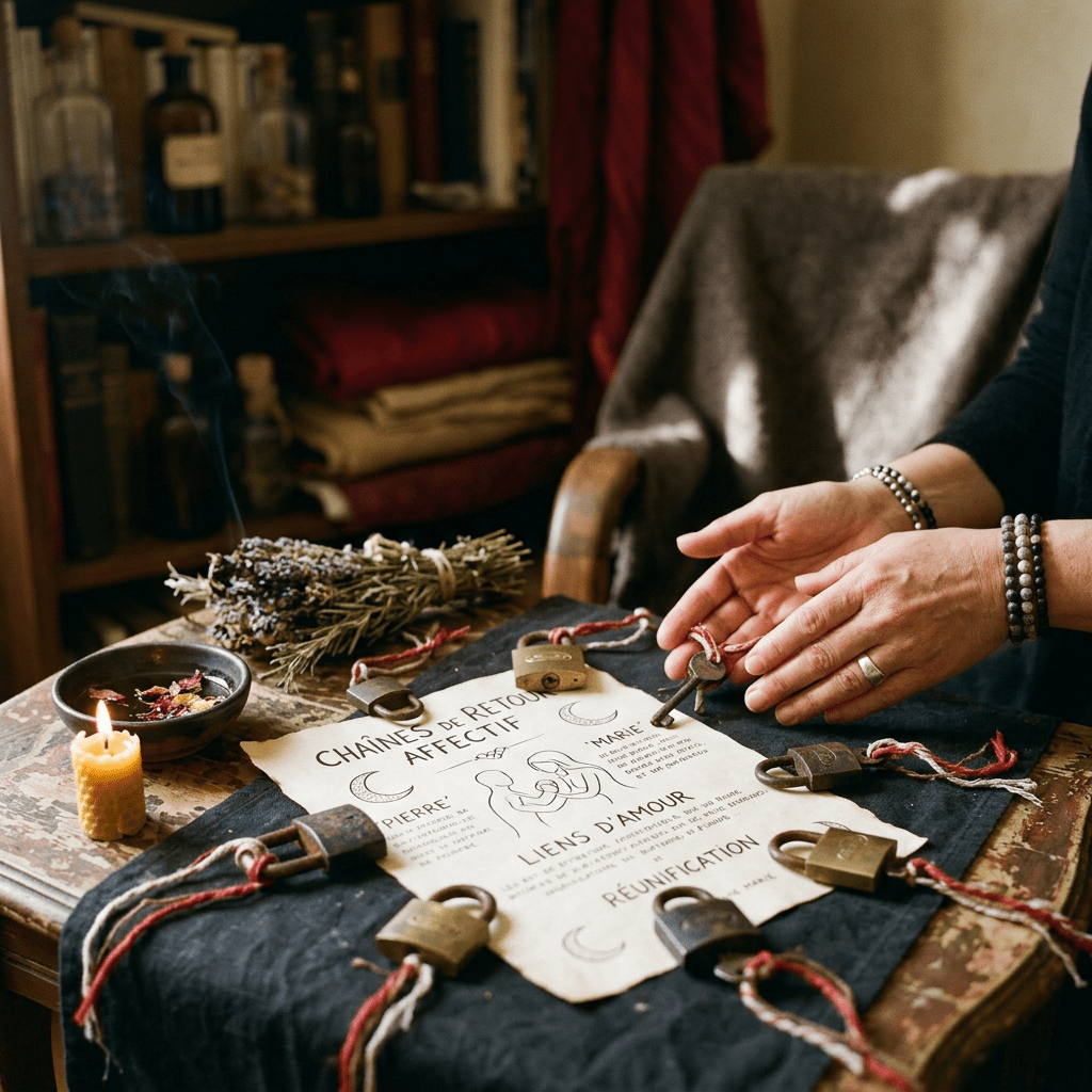 Hands holding a key above padlocks tied with red and white strings on a cloth with French text about love bonds