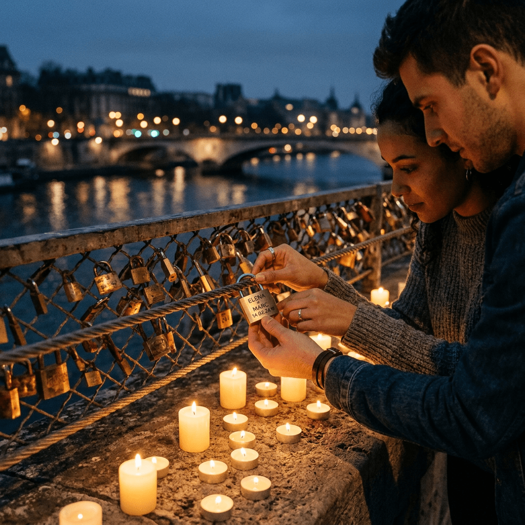 Couple attaching a padlock engraved with names to a bridge at night with candles