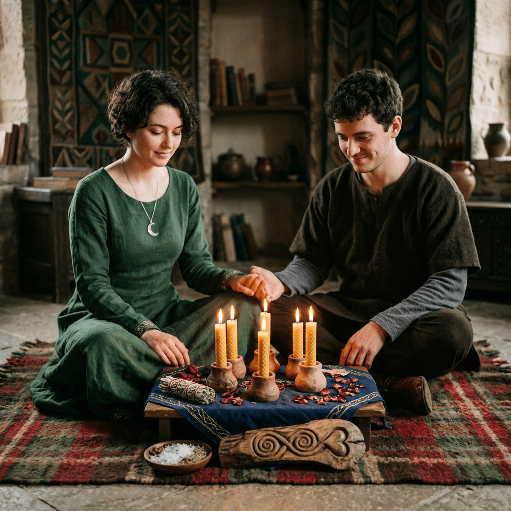 Two people sitting on a rug holding hands with lit candles on a table in front of them