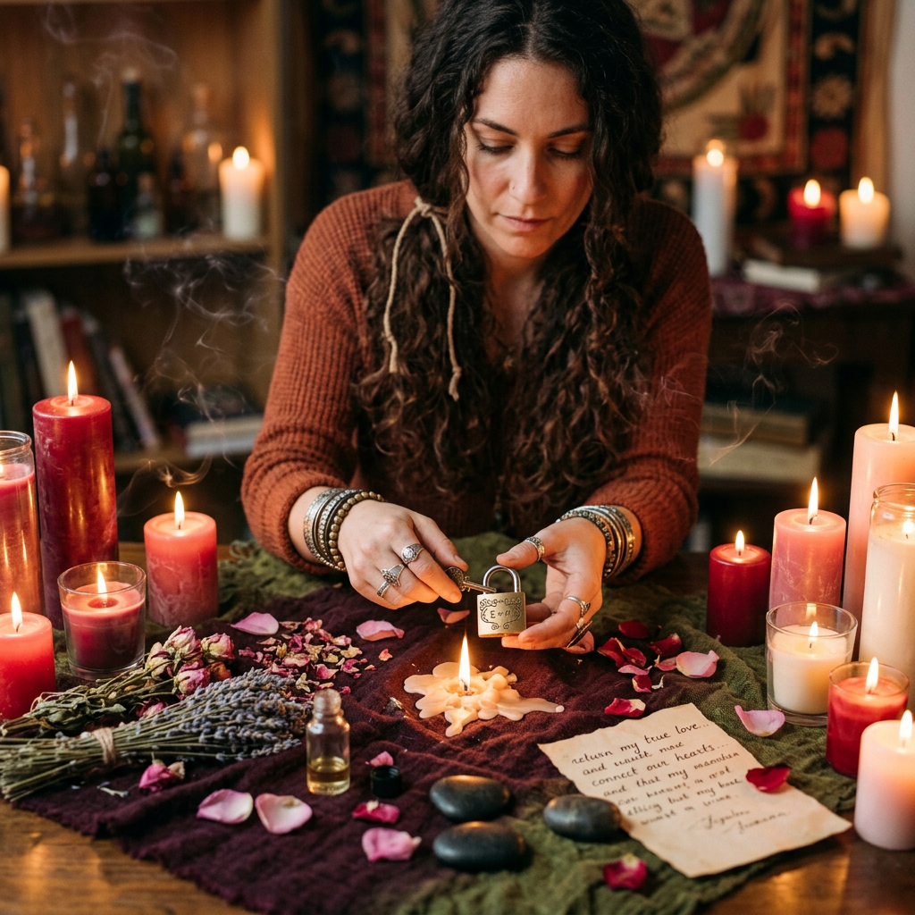 Woman holding padlock and key with lit candles and rose petals