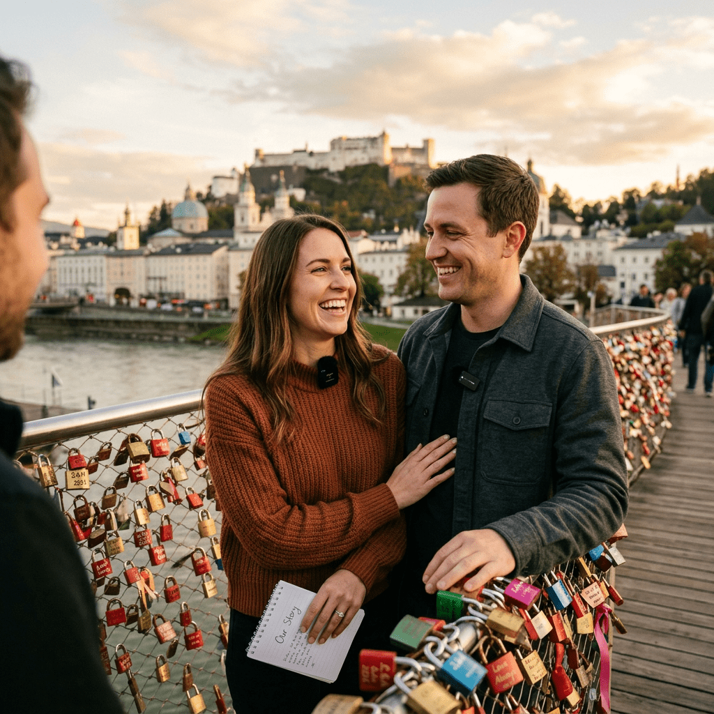 Couple smiling and laughing on a love lock bridge with historic city backdrop