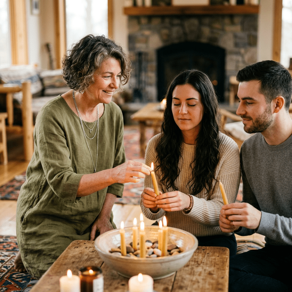 Three people lighting beeswax candles together indoors by a bowl filled with stones and candles