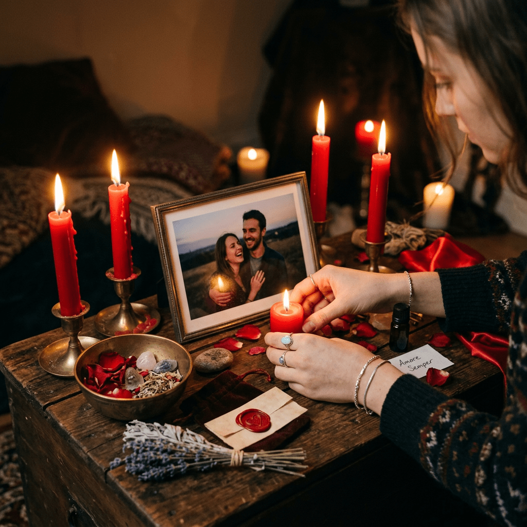 Woman lighting red candle near framed photo of couple amid rose petals and candles