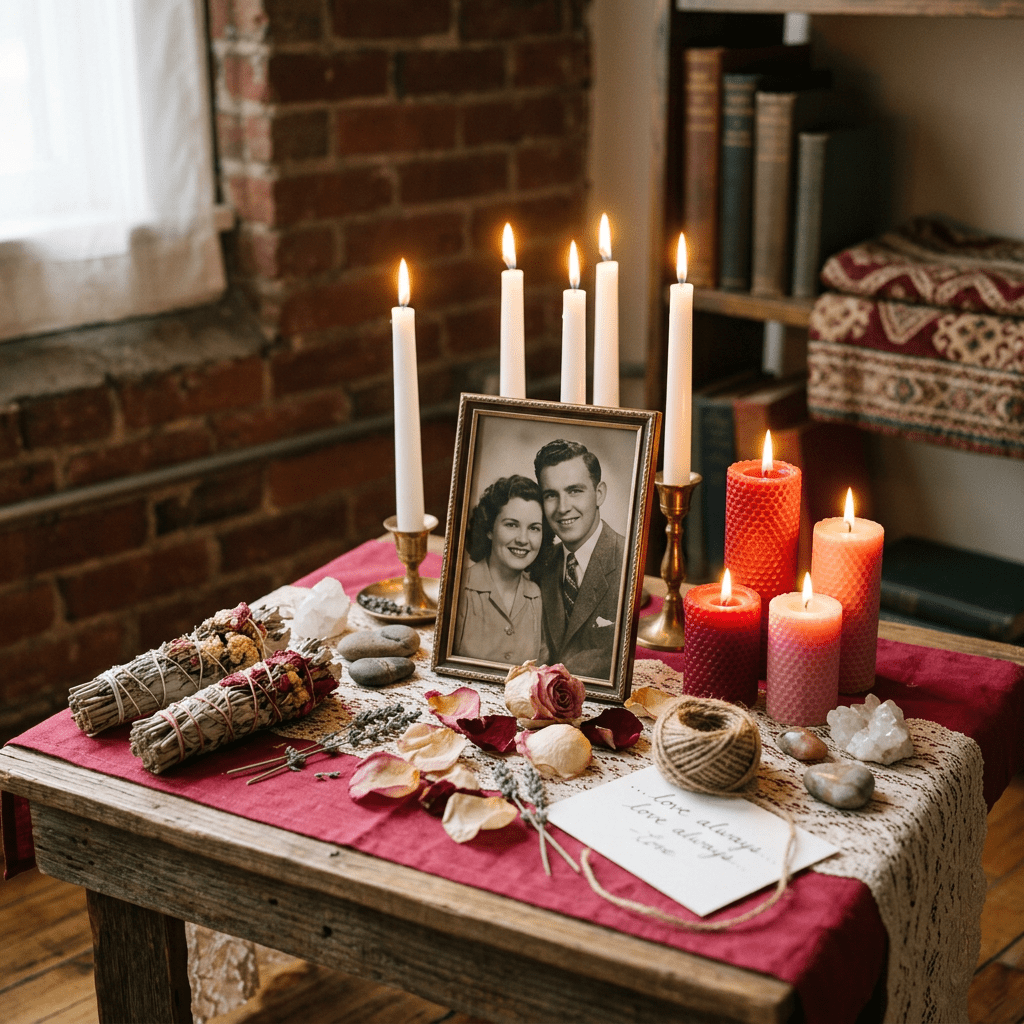 Framed black and white photo of a couple surrounded by lit candles, dried flowers, and memorial items on a wooden table
