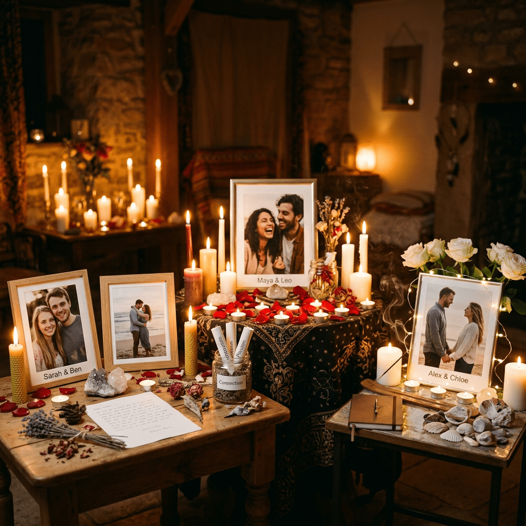 Altar with framed couple photos, candles, flowers, crystals, and handwritten notes