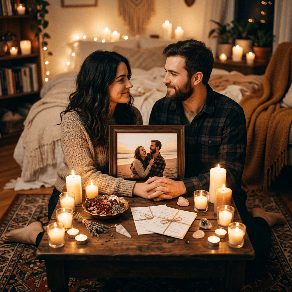 Couple holding framed photo and sitting at candlelit table in cozy bedroom