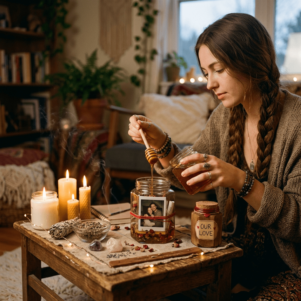 Woman pouring honey into a jar surrounded by candles, crystals, and keepsakes