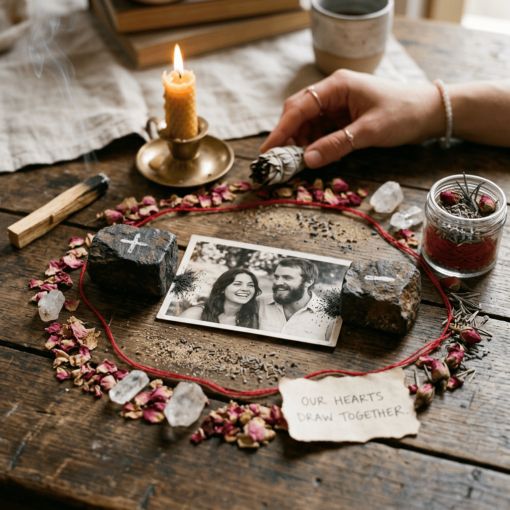 Black and white photo of a happy couple surrounded by dried rose petals, crystals, a lit beeswax candle, and a hand holding sage smudge stick