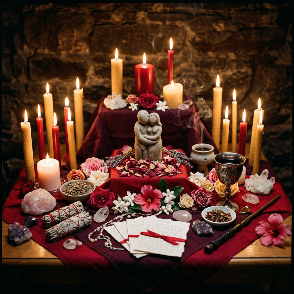 Altar with lit candles, rose petals, flowers, crystals, a statue of an embracing couple, and ritual items