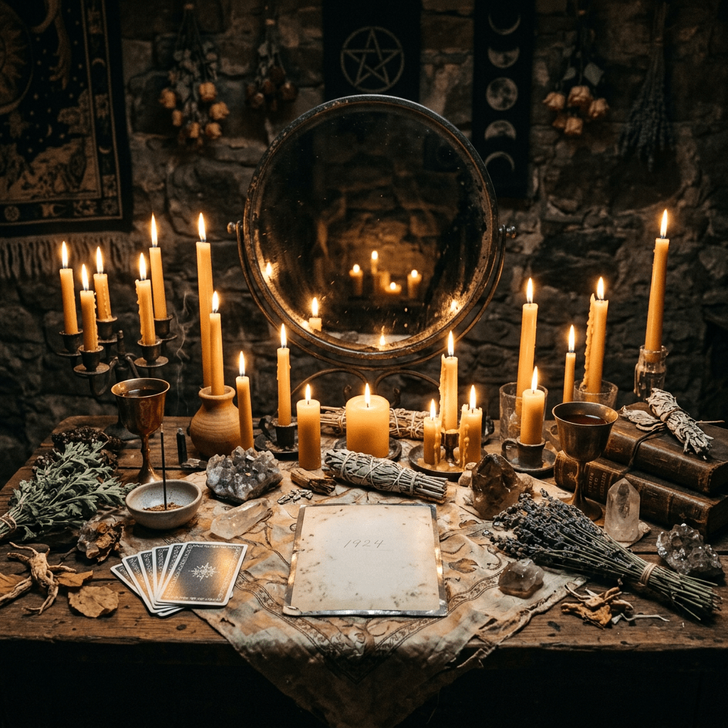 Mystical altar with candles, face-down photo, mirror