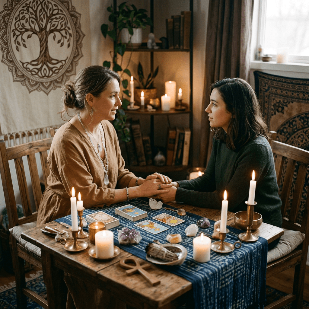 Spiritual coach guiding client with candles and symbols
