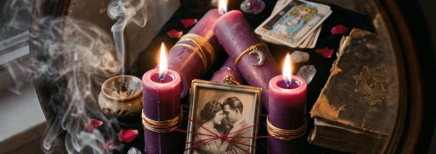 Three burning purple candles around a framed photo of a couple, surrounded by crystals, tarot cards, and an old book on a dark cloth