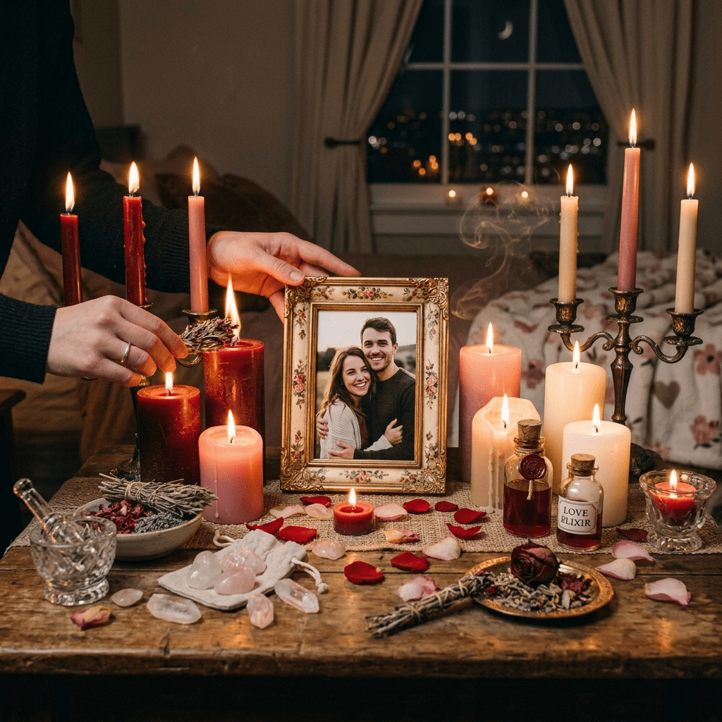 Altar with lit candles, rose petals, love elixir bottle, and framed photo of couple
