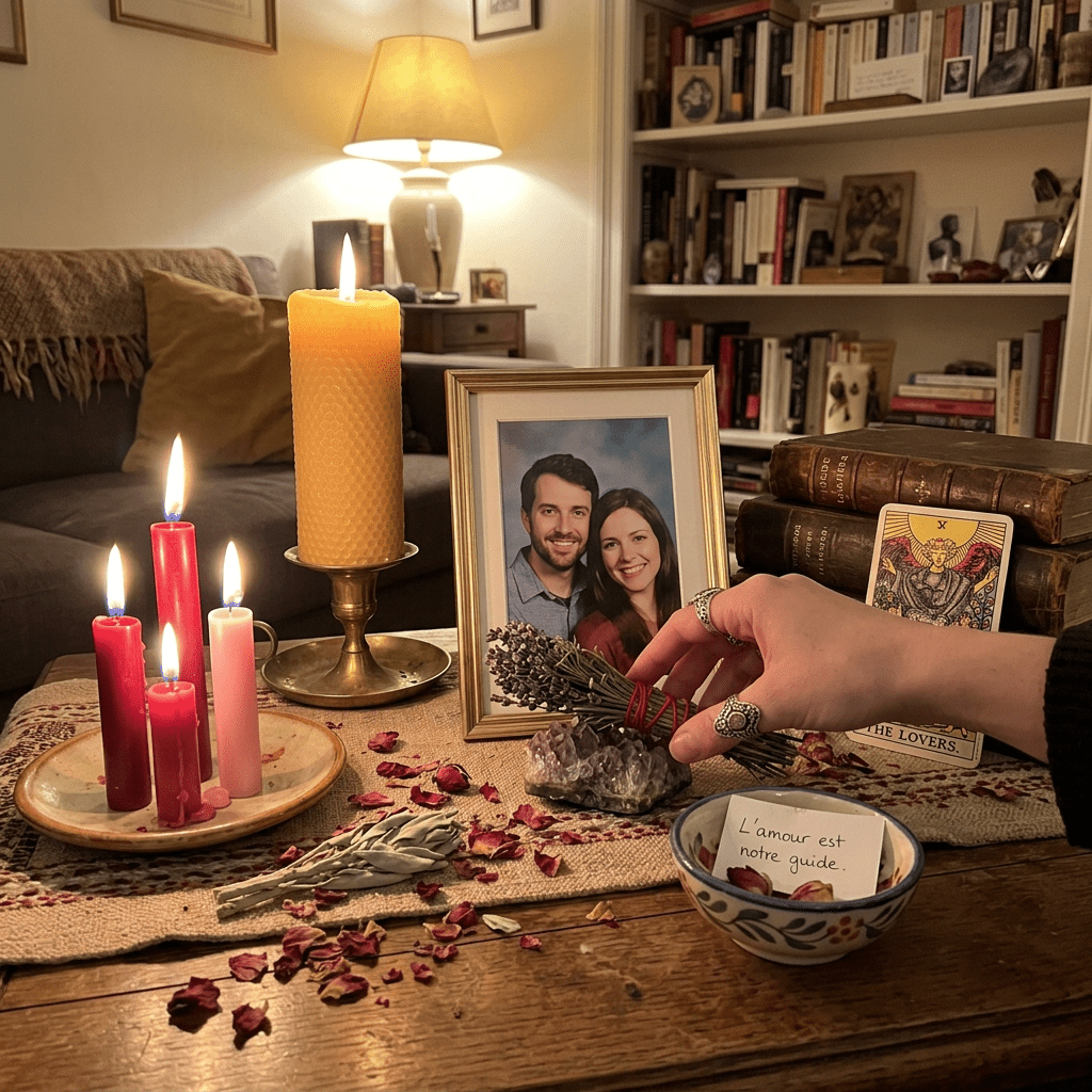 Home altar with burning candles, framed couple photo, tarot card, and hand placing lavender